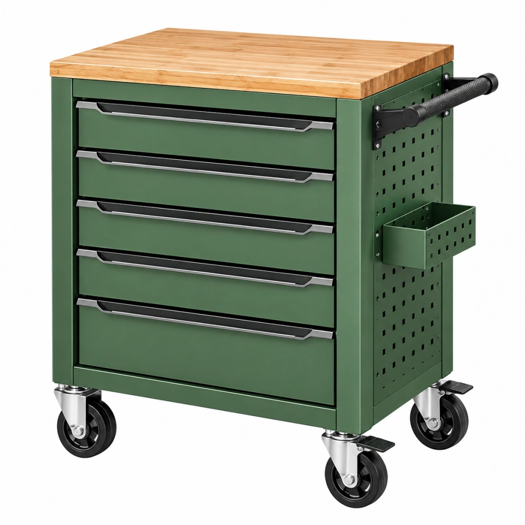 Carro de herramientas 76 x 46 x 95 cm de acero verde con encimera de madera - móvil con 5 cajones