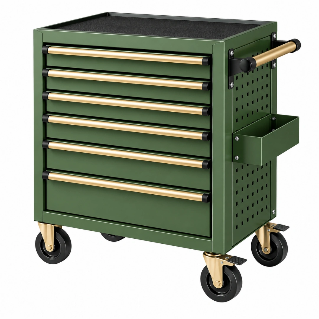 Carro de herramientas 76 x 46 x 95 cm de acero verde con 7 cajones y ruedas