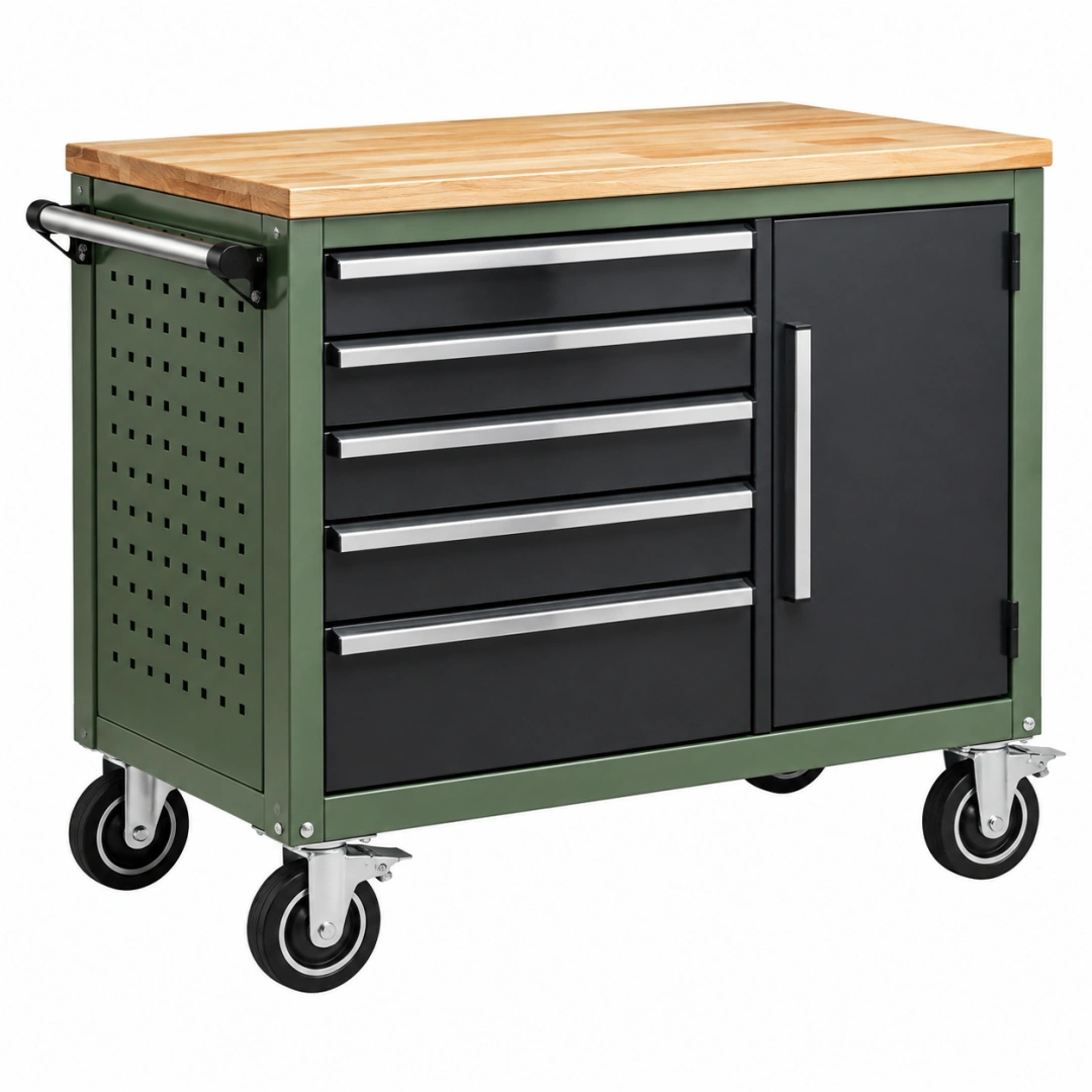 Carro de herramientas 110 x 55 x 95 cm de acero verde con encimera de madera y ruedas