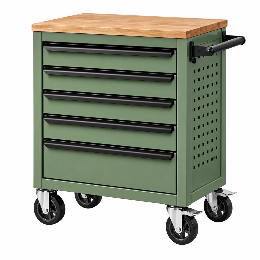Carro de herramientas 76 x 46 x 91 cm de acero verde con encimera de madera - 5 cajones móvil