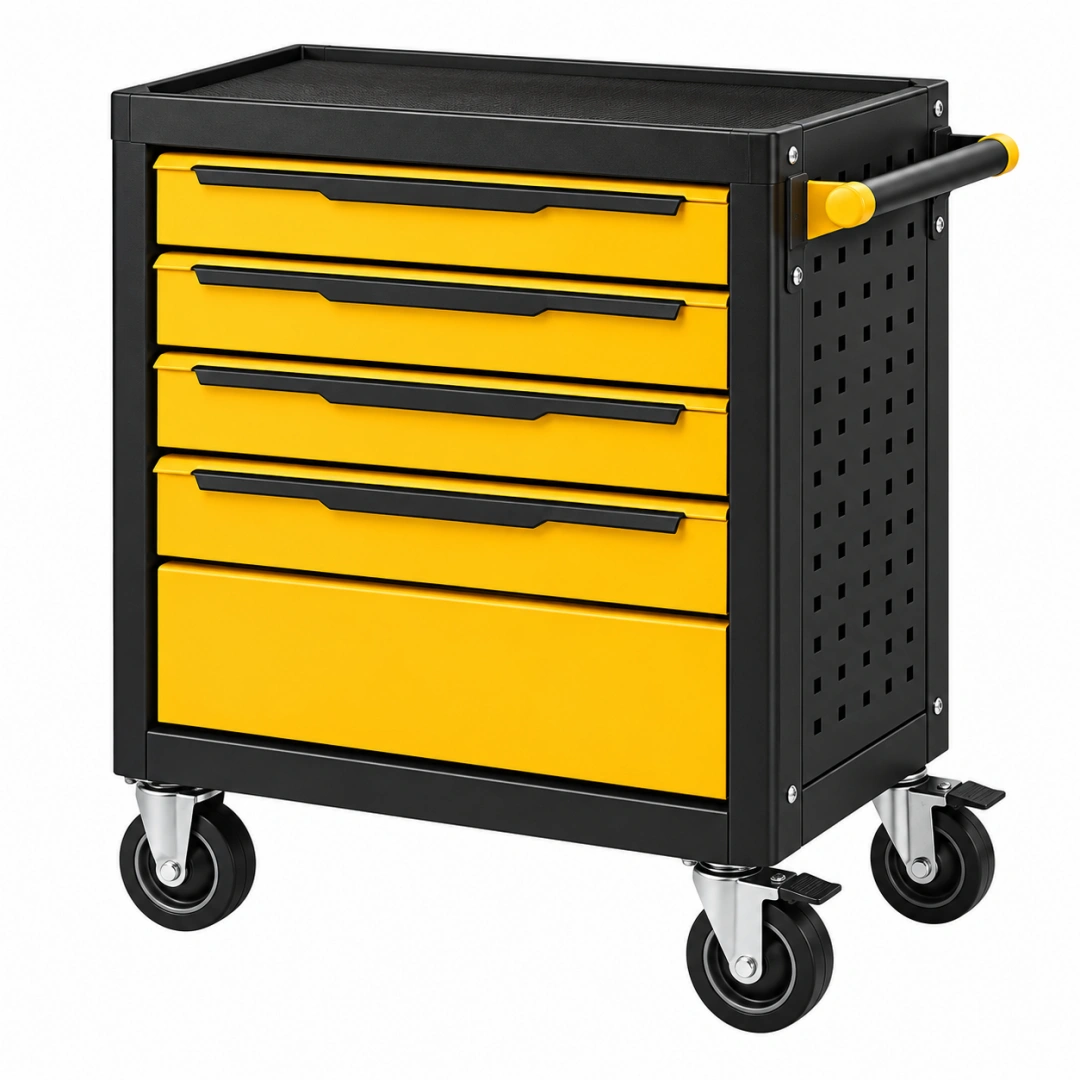 Carro de herramientas 77 x 45 x 90 cm de acero negro y amarillo con 5 cajones y ruedas