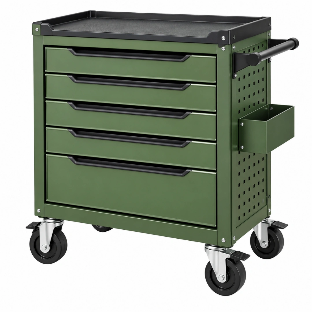 Carro de herramientas 77 x 46 x 97 cm de acero verde con 5 cajones y ruedas con freno