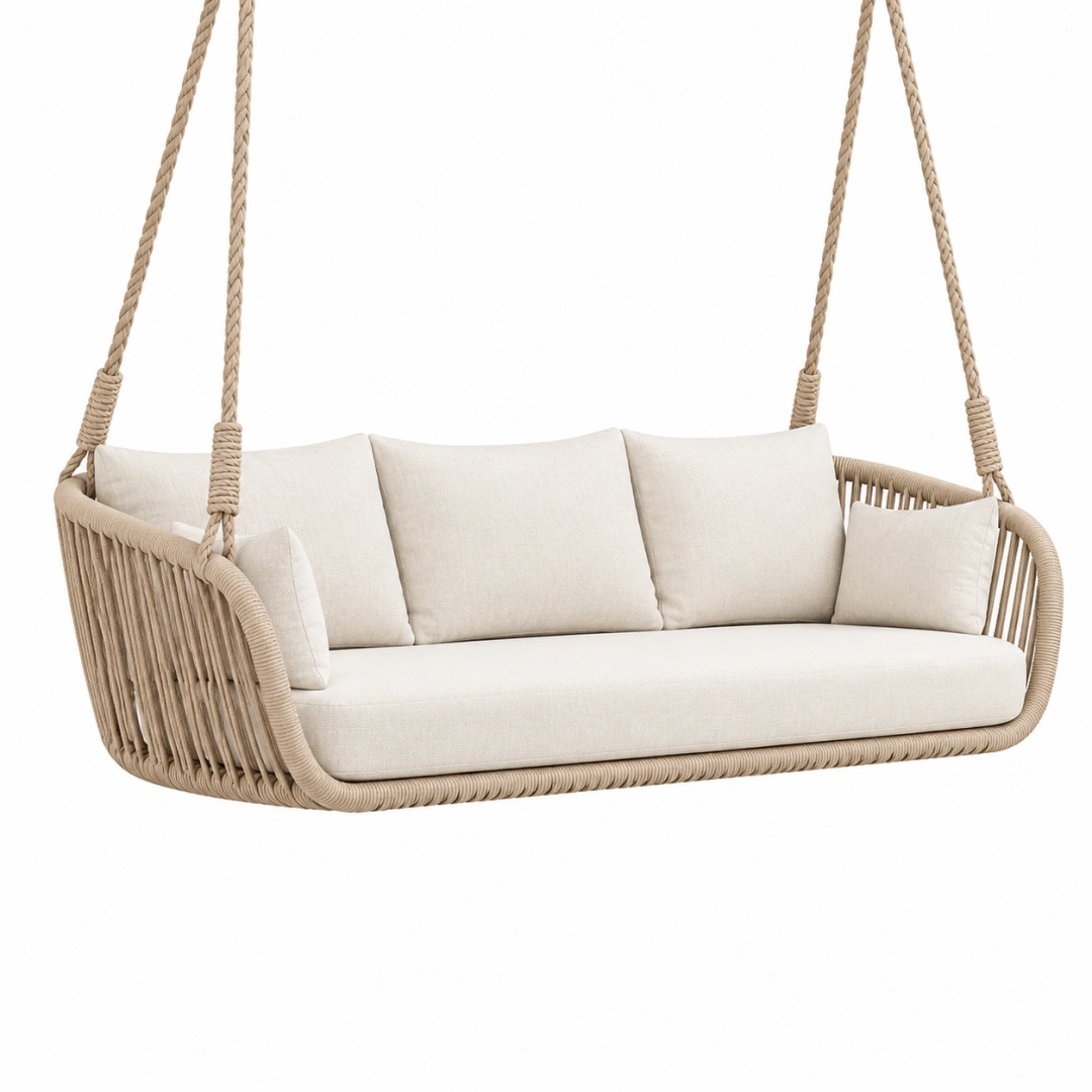 Sofá colgante de 180 x 80 x 75 cm en fibra trenzada beige para exterior cubierto