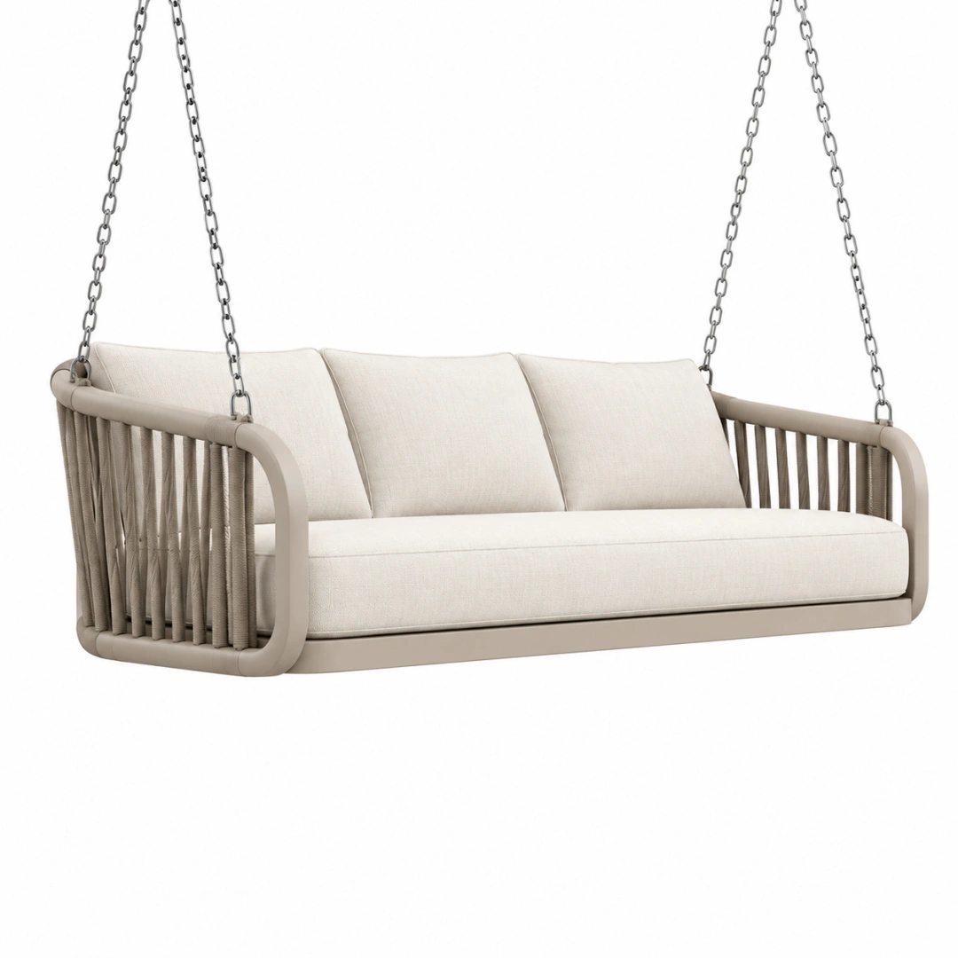 Sofá colgante 180 x 75 x 65 cm de metal y cuerda beige para exterior contemporáneo