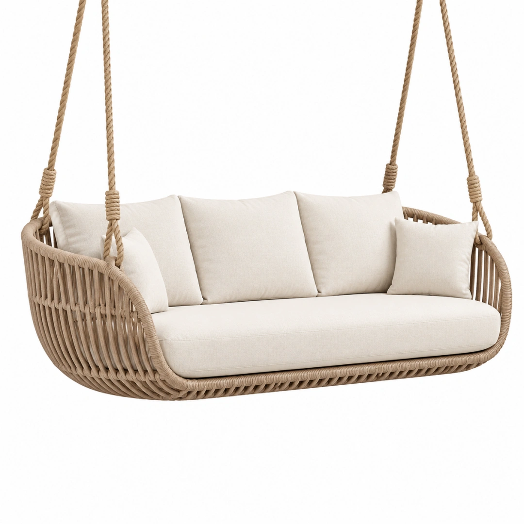 Sofá colgante 180 x 80 x 60 cm de cuerda trenzada beige para exterior cubierto