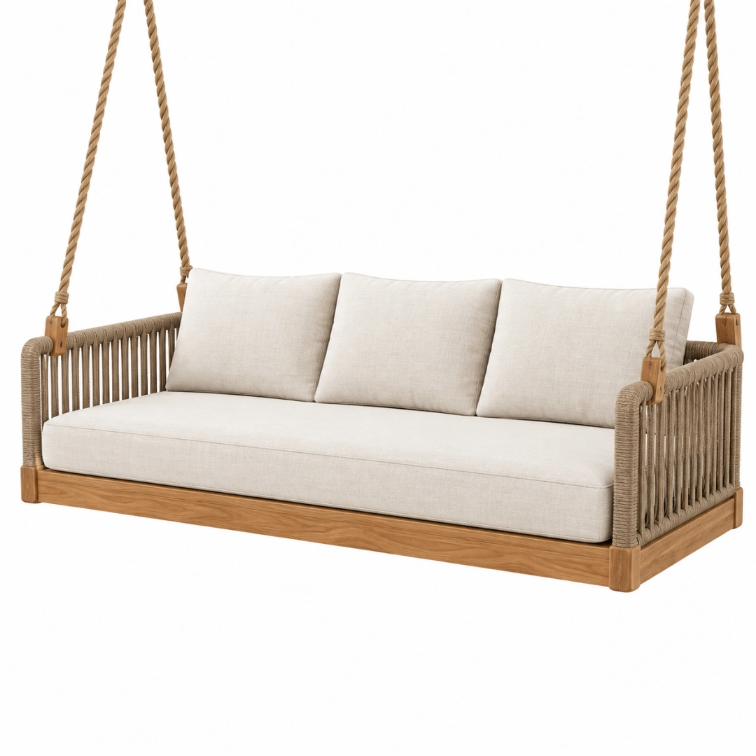 Sofá columpio suspendido 180 x 85 x 65 cm de madera y cuerda beige para exterior estilo natural