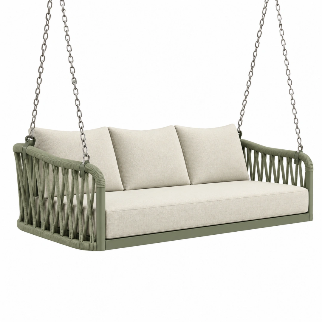 Sofá colgante de exterior 200 x 85 x 75 cm - metal y cuerda trenzada verde con asiento acolchado