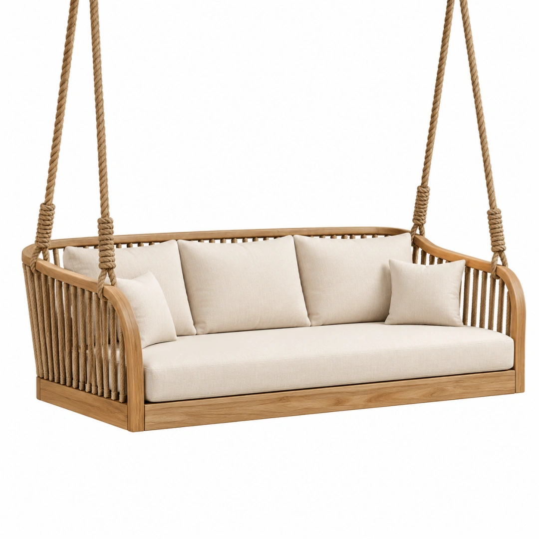Sofá columpio 180 x 80 x 65 cm de madera y cuerda beige para exterior