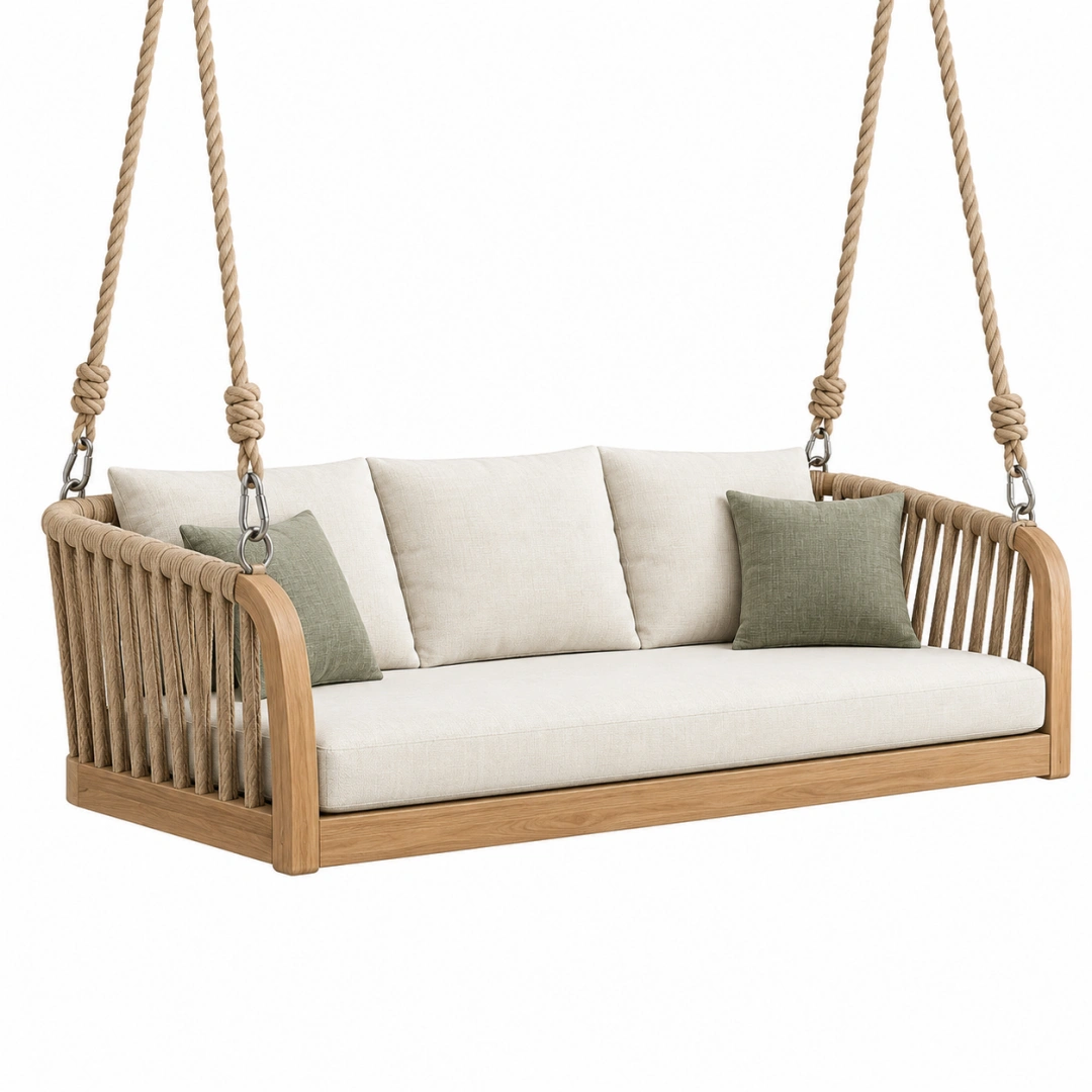 Columpio sofá colgante 180 x 75 x 65 cm de madera y cuerda beige para exterior de estilo natural