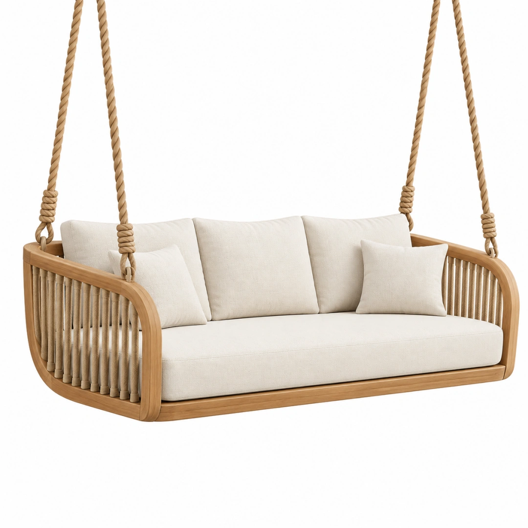 Columpio sofá colgante 180 x 80 x 65 cm de madera y cuerda beige para exterior