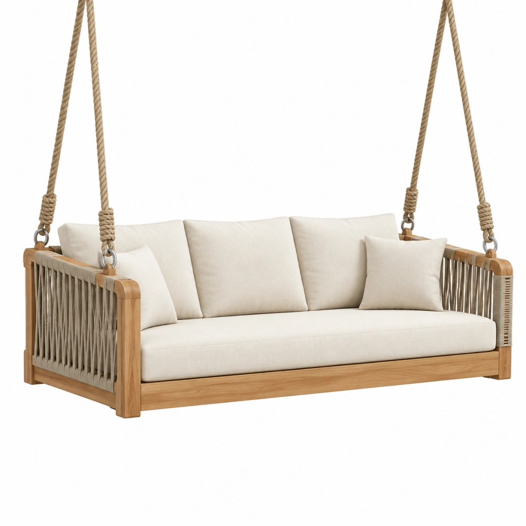 Sofá colgante de jardín 180 x 80 x 70 cm de madera y cuerda beige - estilo bohemio para exterior