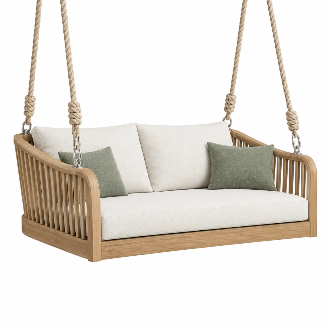 Sofá colgante de 2 plazas 150 x 80 x 75 cm - madera natural y cuerda para exterior cubierto