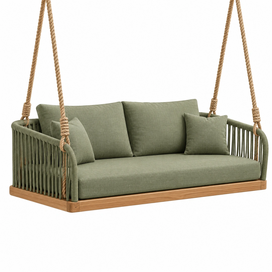 Asiento colgante 150 x 75 x 190 cm de madera y cuerda verde para exterior estilo natural