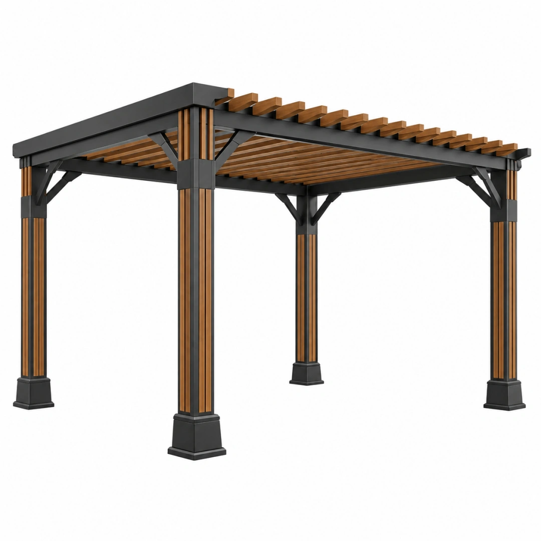 Pérgola de jardín 300 x 300 x 250 cm de metal negro y acabado madera con techo de lamas