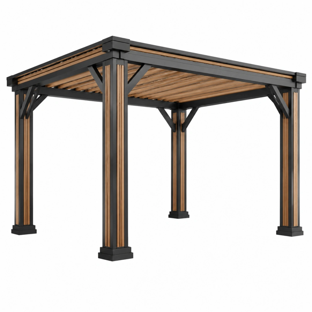 Pérgola de jardín 300 x 300 x 250 cm de metal y madera negra y natural - techo de listones