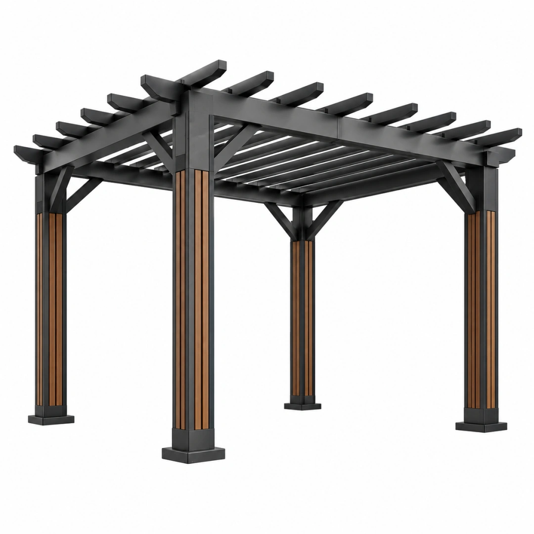 Pérgola 300 x 300 x 230 cm de metal negro con detalles color madera - estructura exterior de lamas abiertas