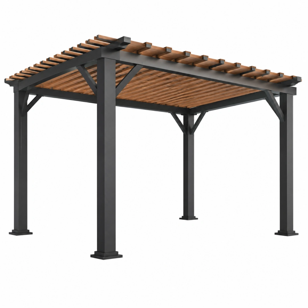 Pérgola 300 x 300 x 230 cm de metal y madera negra y marrón para exterior con techo de lamas