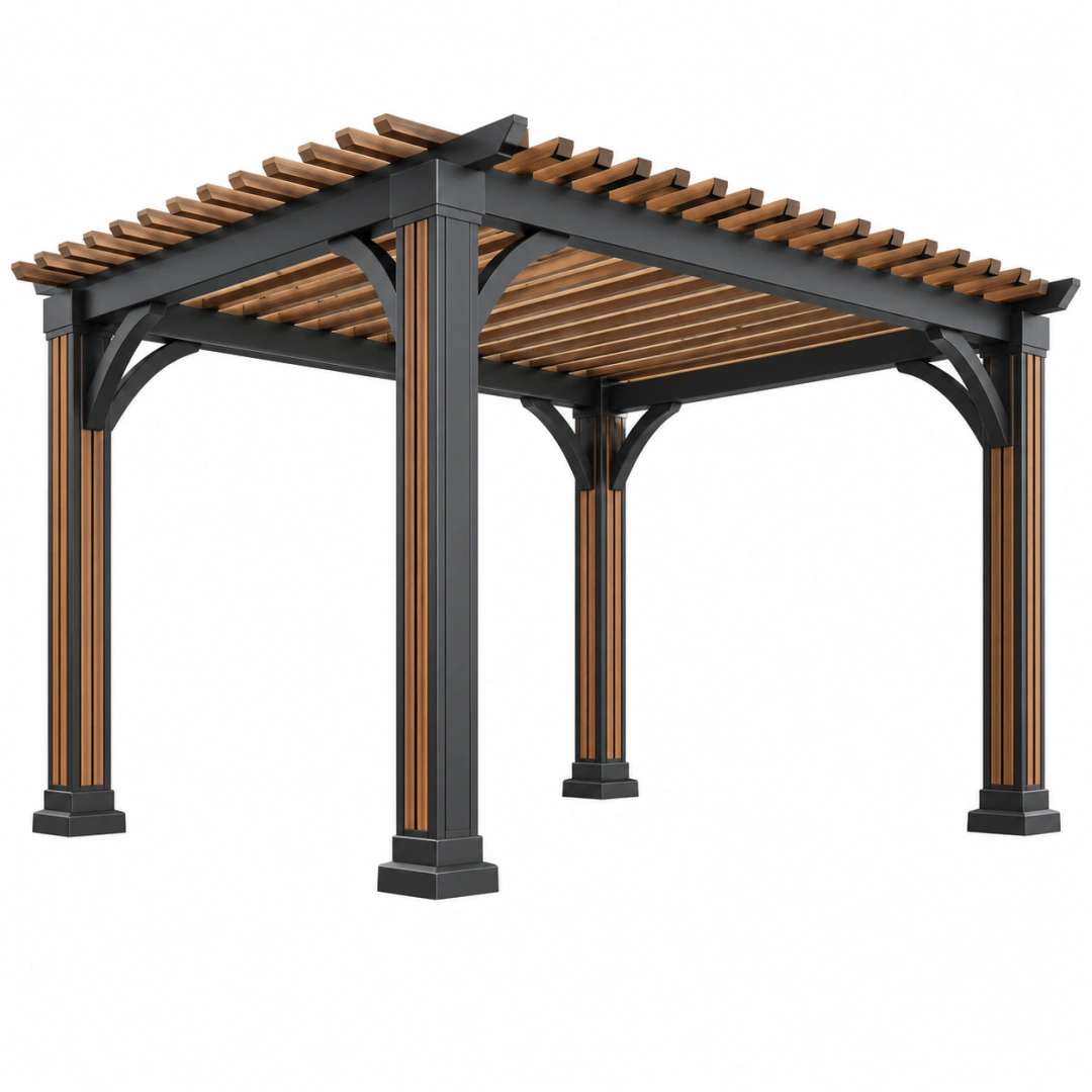 Pérgola 300 x 300 x 250 cm de aluminio y madera marrón gris oscuro para exterior