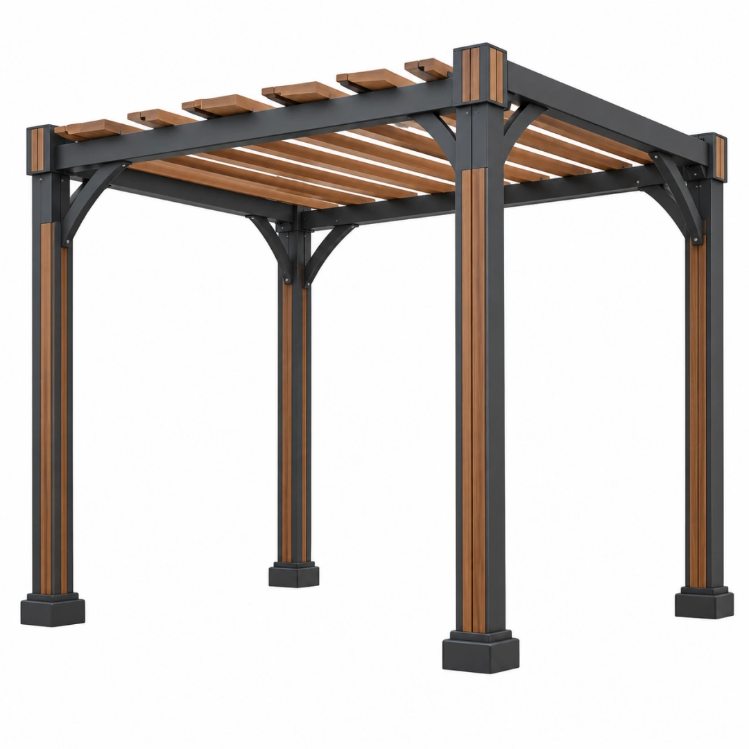 Pérgola 300 x 300 x 230 cm de acero y madera marrón y negro para jardín con techo de lamas