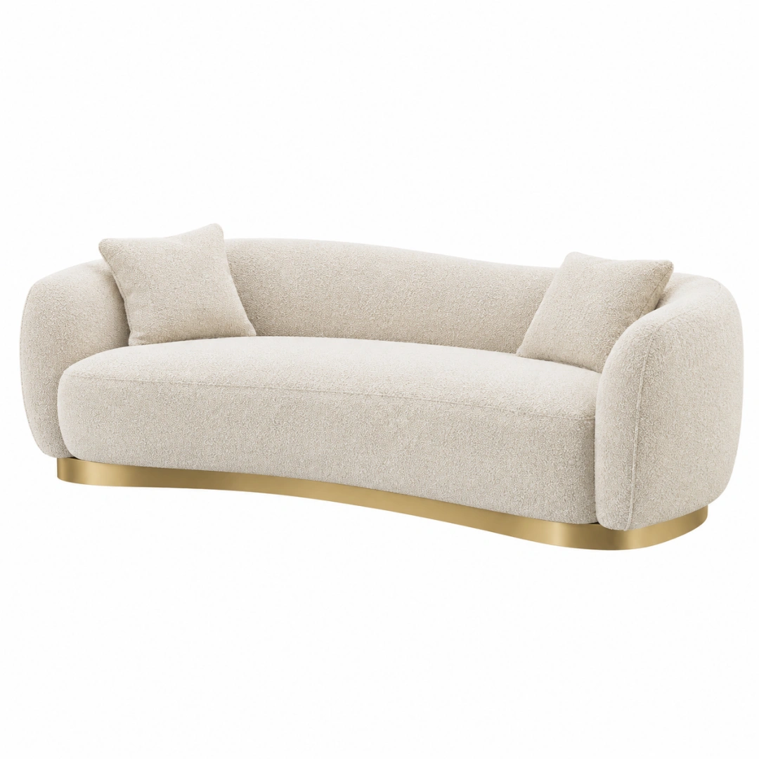 Sofá de 210 x 95 x 78 cm en tejido bouclé crema con base metálica dorada - estilo curvo