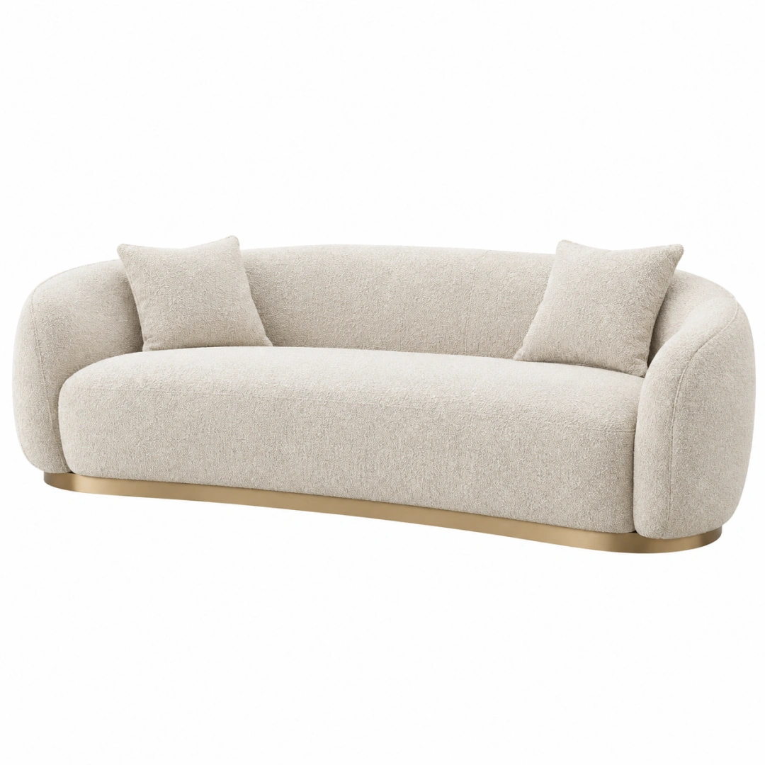 Sofá de 3 plazas 220 x 95 x 78 cm crema en tejido texturizado con base metálica dorada estilo curvo